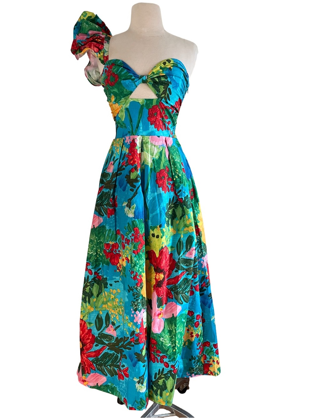 ANTHROPOLOGIE Eva Franco One Shoulder Pleated Maxi Dress Matisse Floral Sz 4